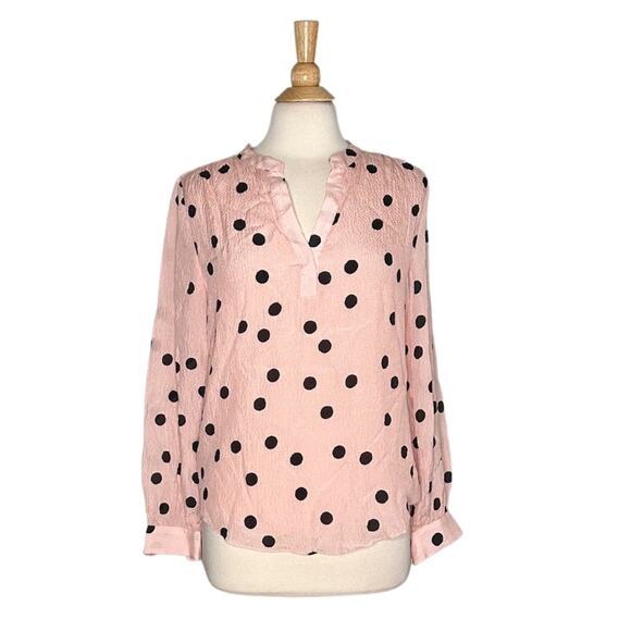 Elie Tahari 100% Silk Polkadot Pink Pastel Black Flowy Long Sleeve Blouse DD13 - Picture 2 of 13